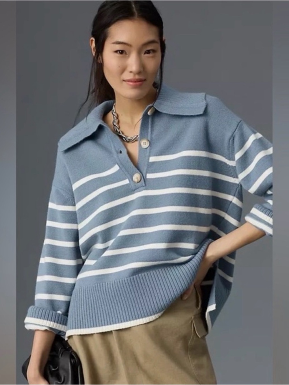 Anthropologie Blue & White Striped V-Neck  Henley Sweater